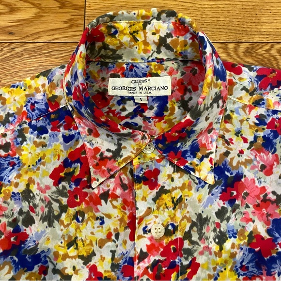 Vintage Guess Georges Marciano Flower Button Up Short Sleeve Shirt Mens Size 1 - Picture 5 of 7